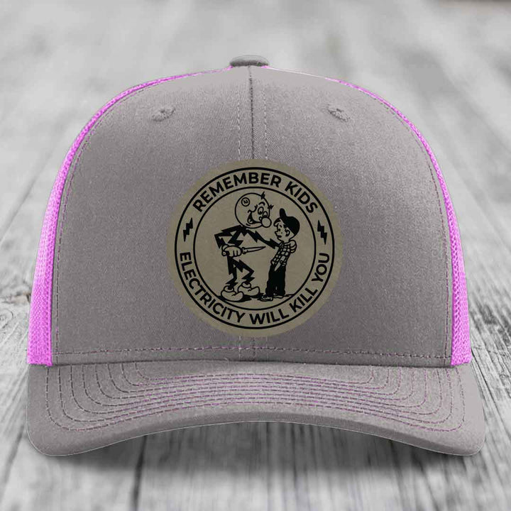 Remember Kids, Electricity Will Kill You - Leather Patch Hat - Light Brown to Black Patch - Richardson 112 Snapback Trucker Hat