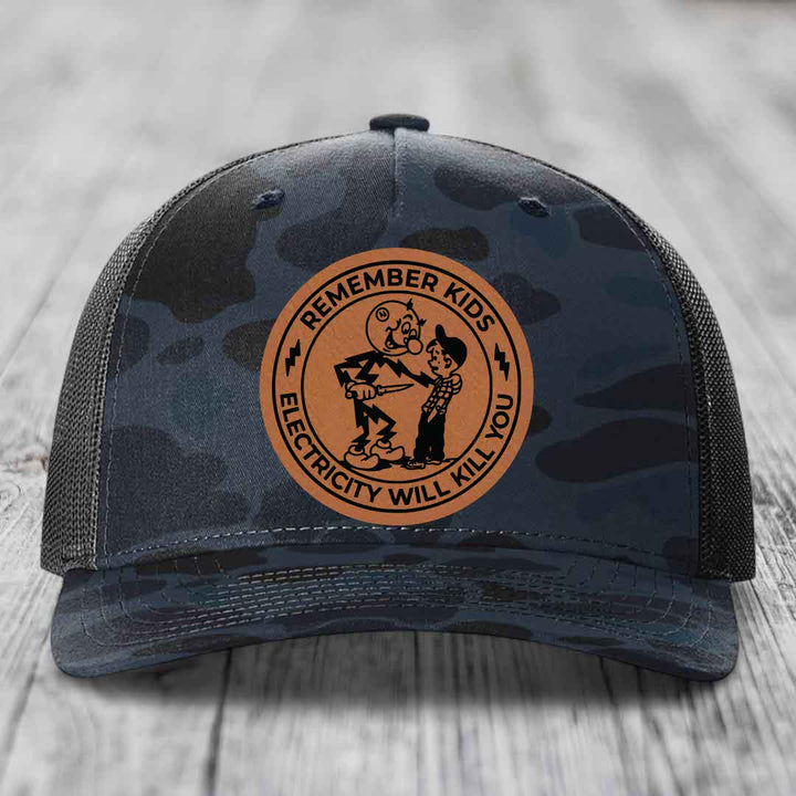 Remember Kids, Electricity Will Kill You - Leather Patch Hat - Rawhide to Black Patch - Richardson 112PFP Snapback Trucker Hat