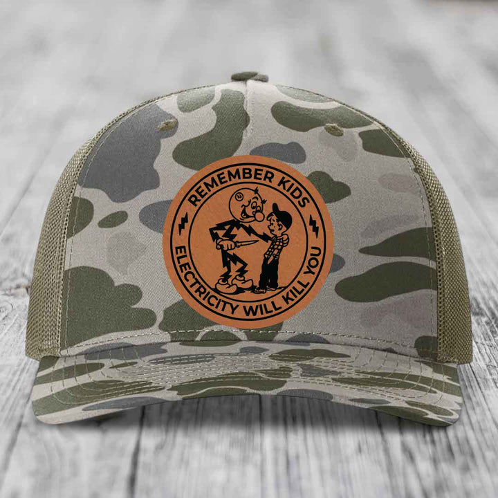 Remember Kids, Electricity Will Kill You - Leather Patch Hat - Rawhide to Black Patch - Richardson 112PFP Snapback Trucker Hat