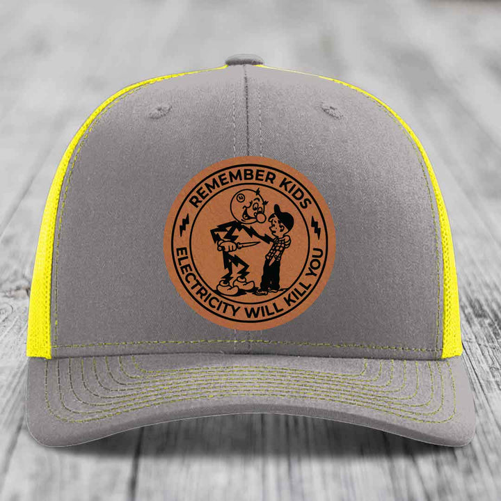 Remember Kids, Electricity Will Kill You - Leather Patch Hat - Rawhide to Black Patch - Richardson 112 Snapback Trucker Hat
