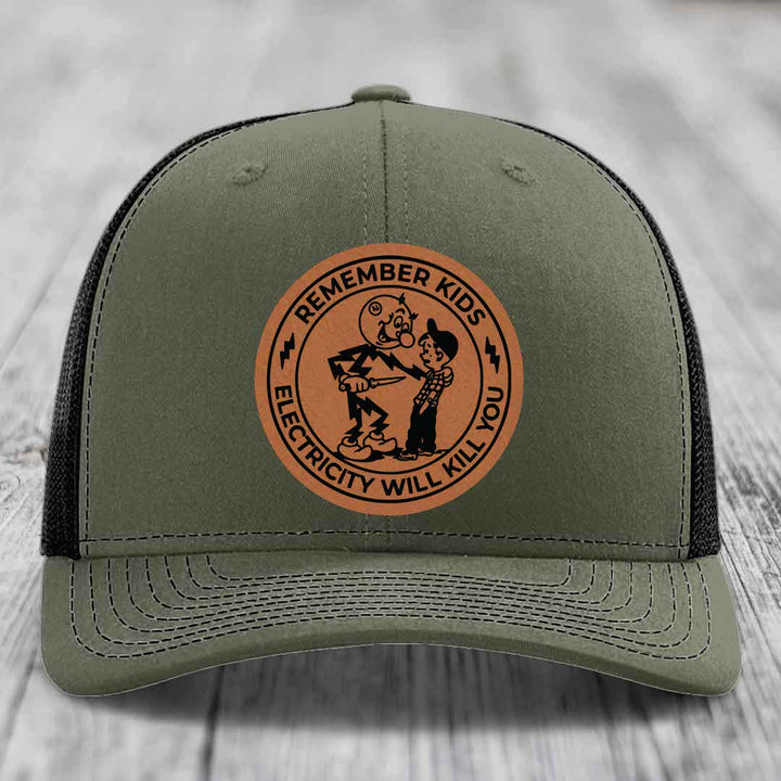 Remember Kids, Electricity Will Kill You - Leather Patch Hat - Rawhide to Black Patch - Richardson 112 Snapback Trucker Hat