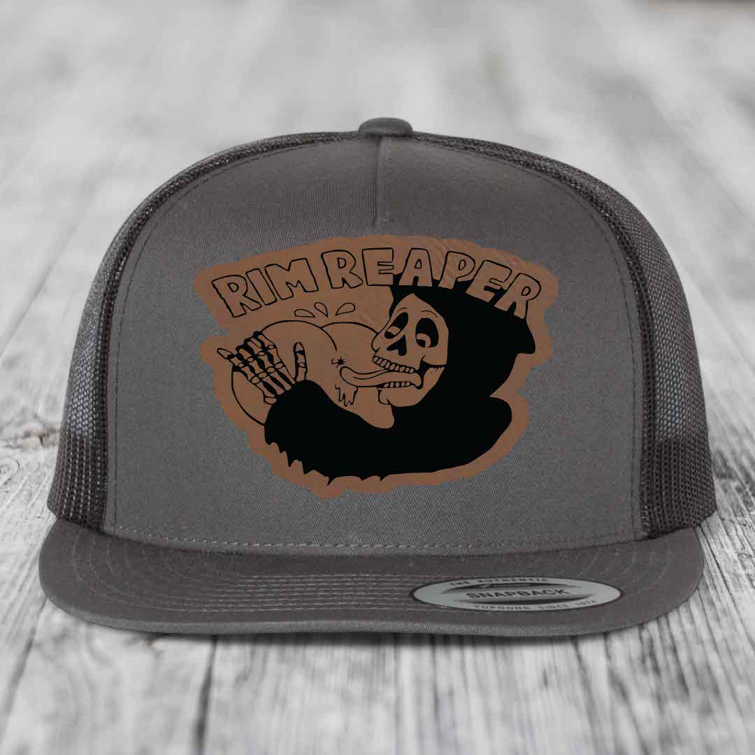 Rim Reaper - Leather Patch Hat - Dark Brown to Black Patch - Yupoong 6006 Snapback Flatbill Hat