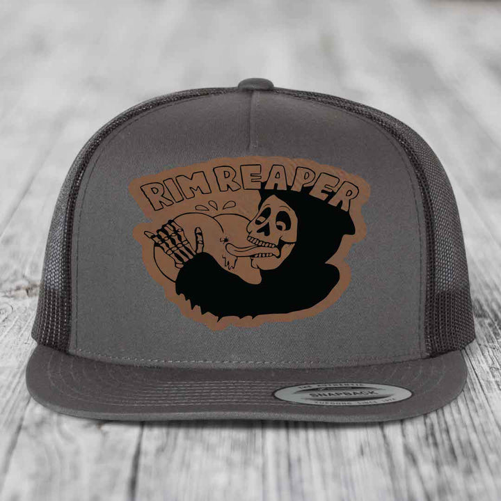 Rim Reaper - Leather Patch Hat - Dark Brown to Black Patch - Yupoong 6006 Snapback Flatbill Hat