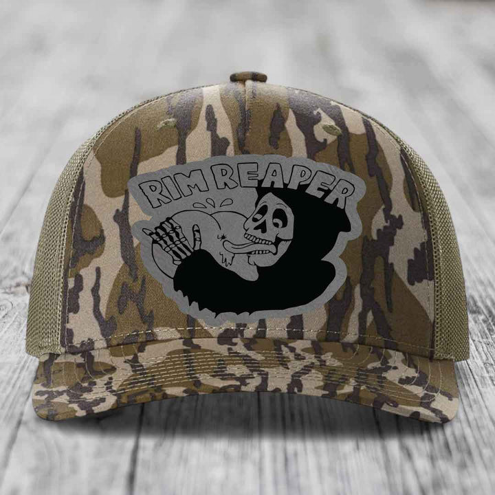 Rim Reaper - Leather Patch Hat - Grey to Black Patch - Richardson 112PFP Snapback Trucker Hat