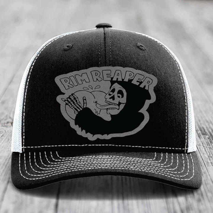 Rim Reaper - Leather Patch Hat - Grey to Black Patch - Richardson 112 Snapback Trucker Hat