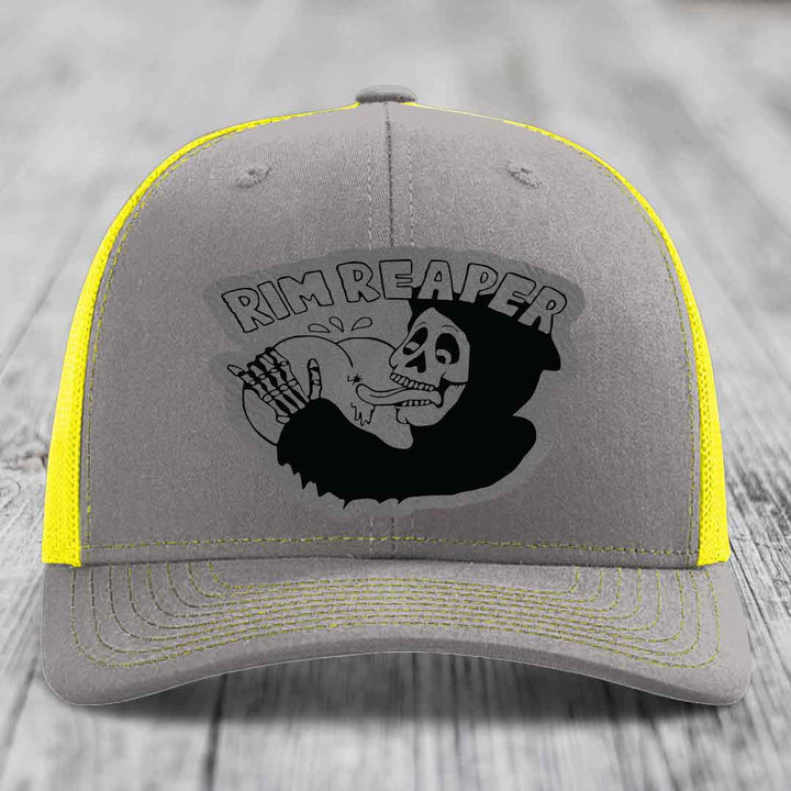Rim Reaper - Leather Patch Hat - Grey to Black Patch - Richardson 112 Snapback Trucker Hat