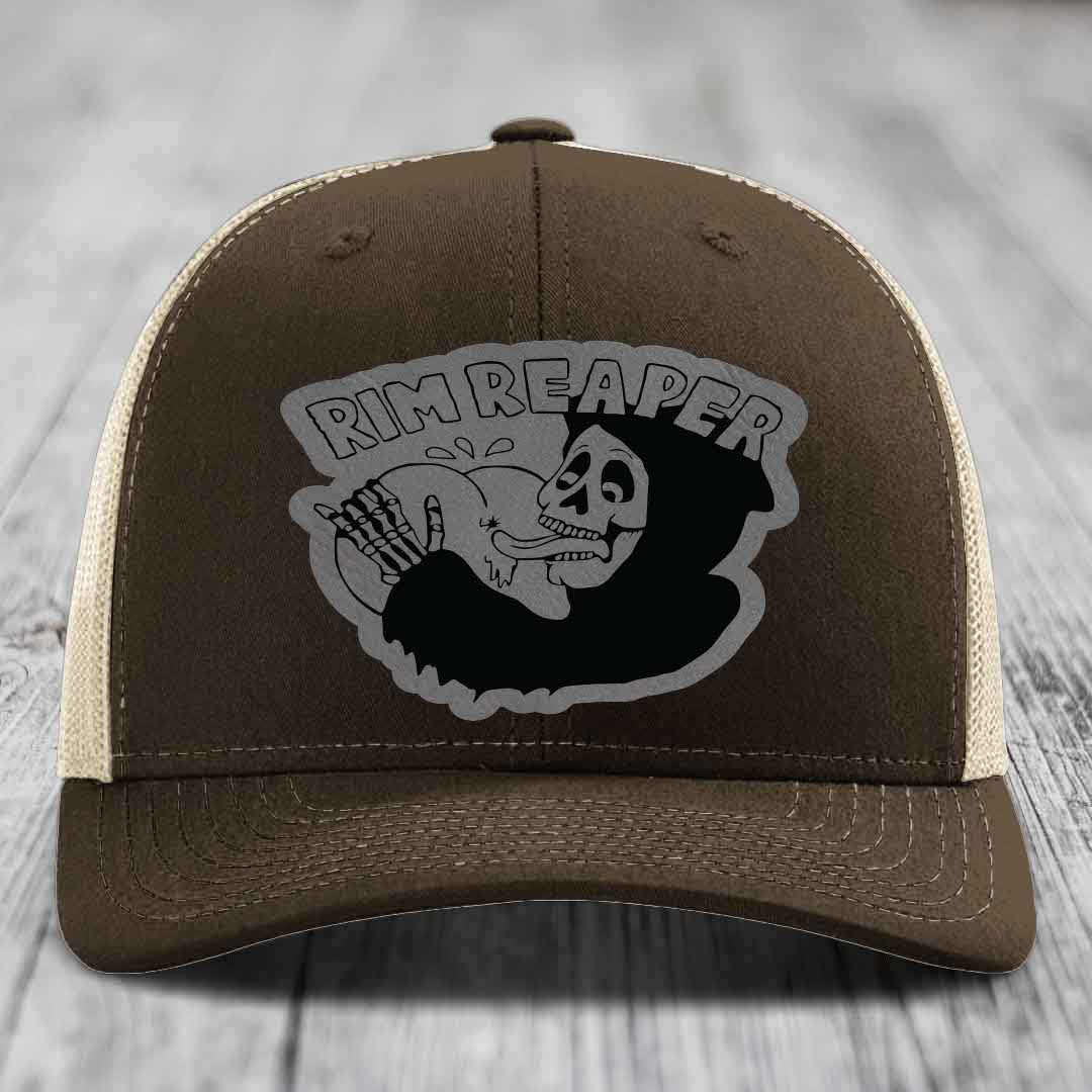 Brown trucker hat with grey embroidered &