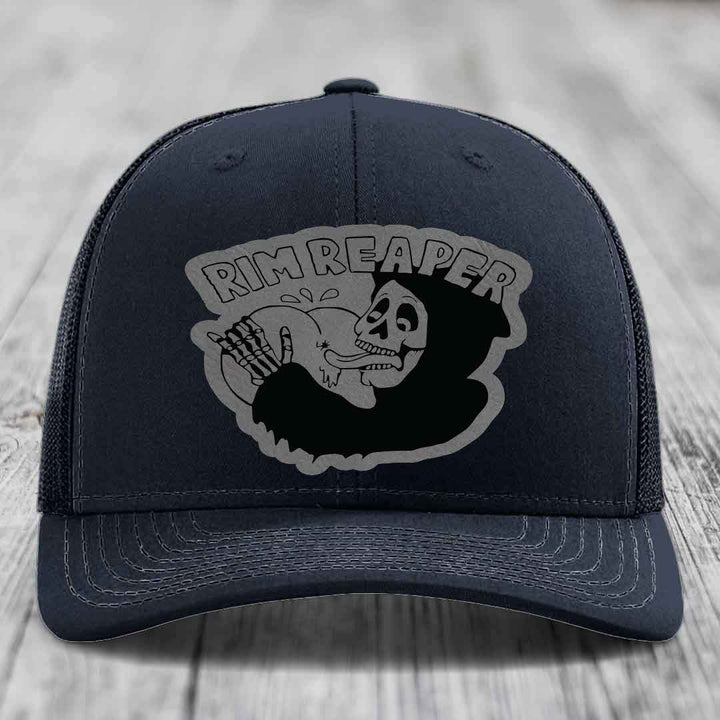Rim Reaper - Leather Patch Hat - Grey to Black Patch - Richardson 112 Snapback Trucker Hat