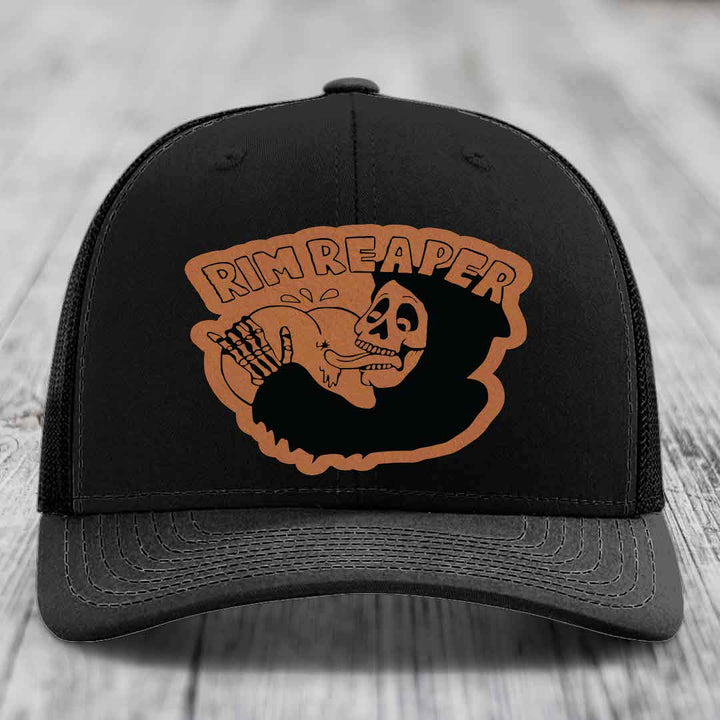 Rim Reaper - Leather Patch Hat - Rawhide to Black Patch - Richardson 112 Snapback Trucker Hat