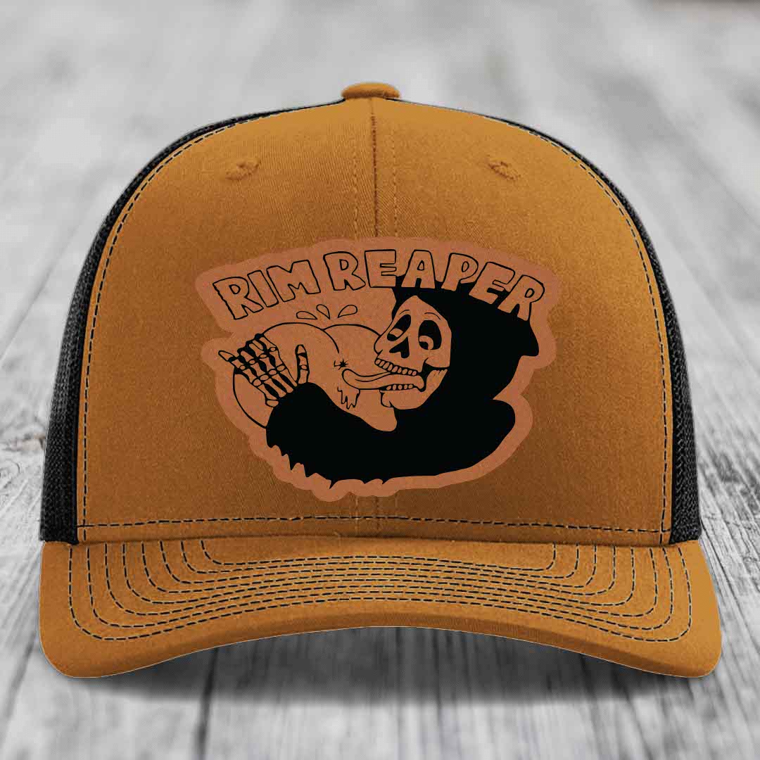 Rim Reaper - Leather Patch Hat - Rawhide to Black Patch - Richardson 112 Snapback Trucker Hat