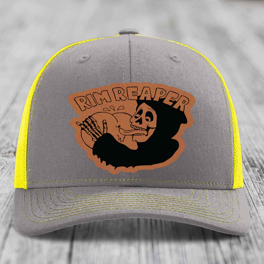 Rim Reaper - Leather Patch Hat - Rawhide to Black Patch - Richardson 112 Snapback Trucker Hat
