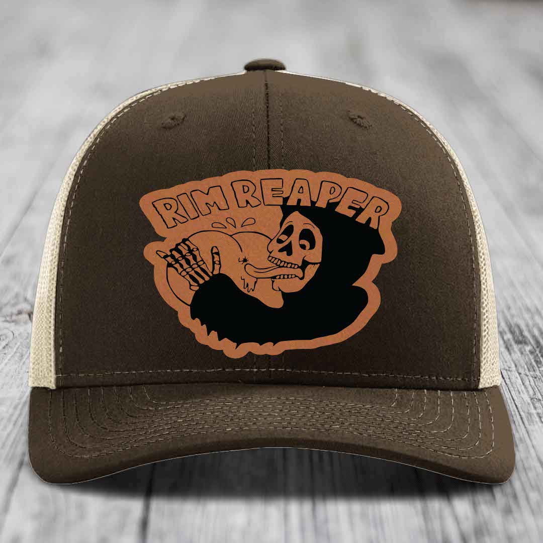 Rim Reaper - Leather Patch Hat - Rawhide to Black Patch - Richardson 112 Snapback Trucker Hat