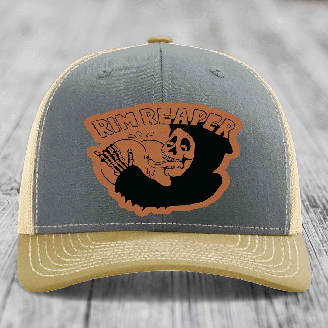 Rim Reaper - Leather Patch Hat - Rawhide to Black Patch - Richardson 112 Snapback Trucker Hat