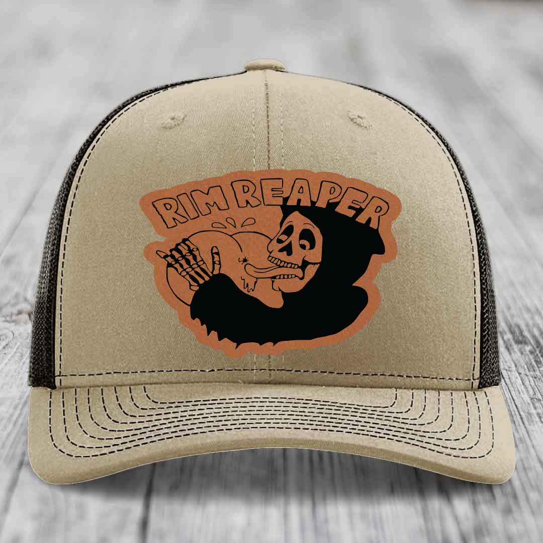 Rim Reaper - Leather Patch Hat - Rawhide to Black Patch - Richardson 112 Snapback Trucker Hat