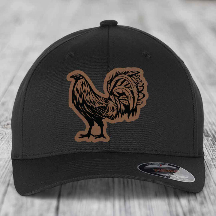 Rooster - Leather Patch Hat - Dark Brown to Black Patch - Flexfit 6277 Fitted Hat