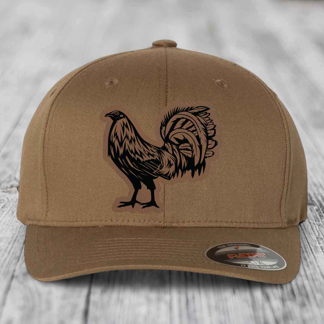 Rooster - Leather Patch Hat - Dark Brown to Black Patch - Flexfit 6277 Fitted Hat