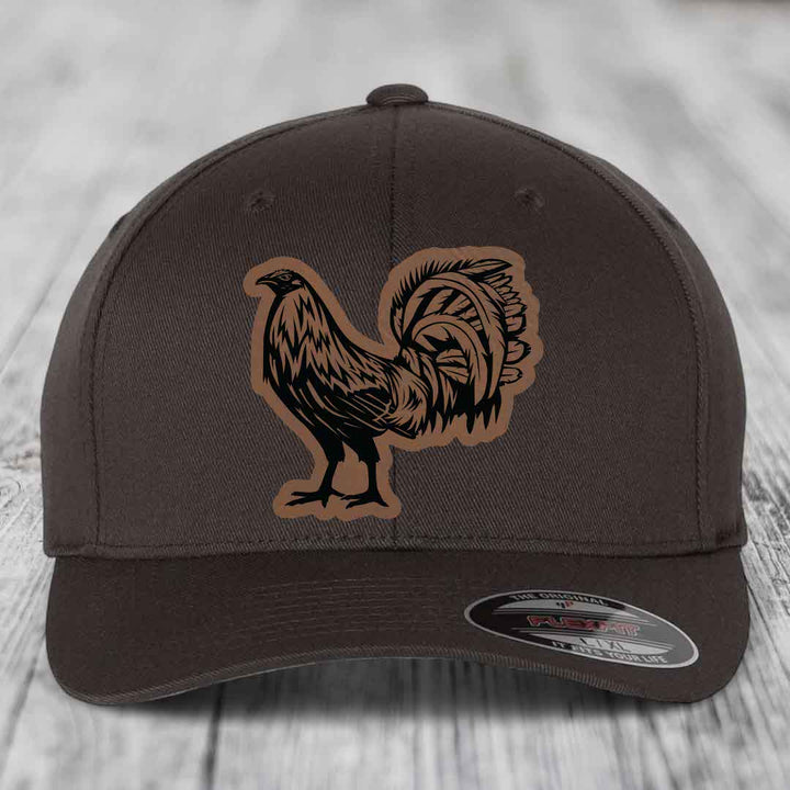 Rooster - Leather Patch Hat - Dark Brown to Black Patch - Flexfit 6277 Fitted Hat