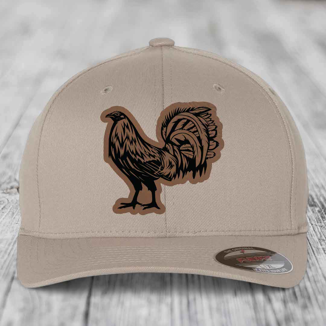 Rooster - Leather Patch Hat - Dark Brown to Black Patch - Flexfit 6277 Fitted Hat