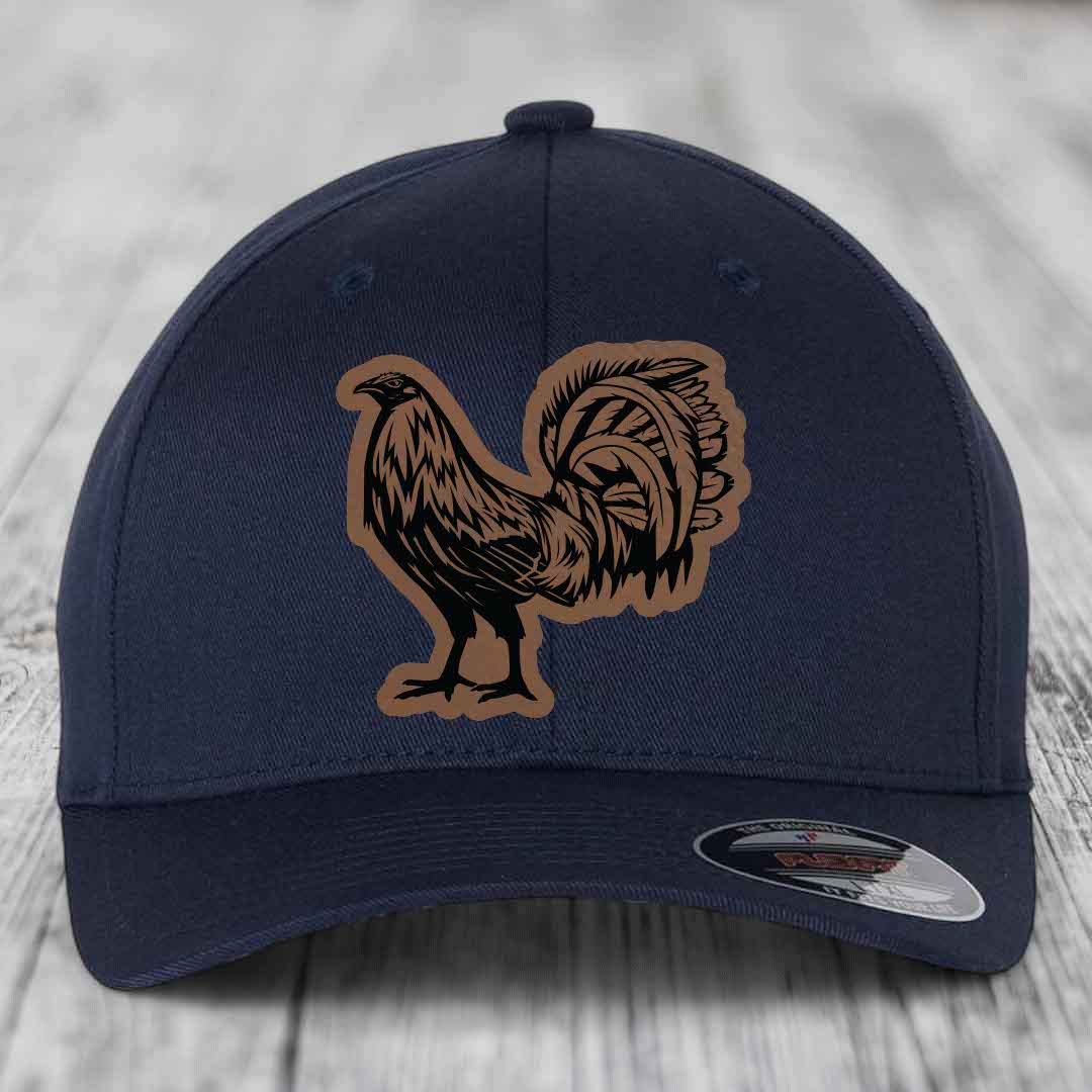Rooster - Leather Patch Hat - Dark Brown to Black Patch - Flexfit 6277 Fitted Hat