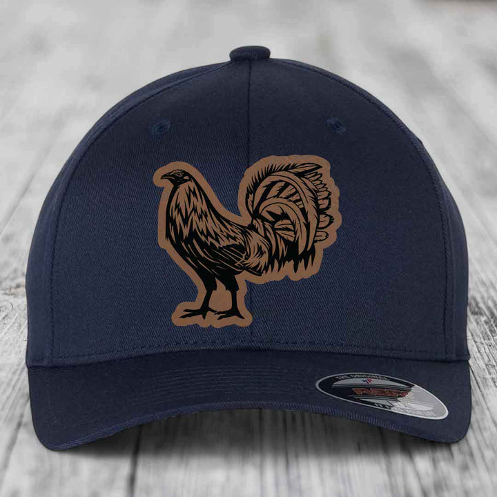 Rooster - Leather Patch Hat - Dark Brown to Black Patch - Flexfit 6277 Fitted Hat