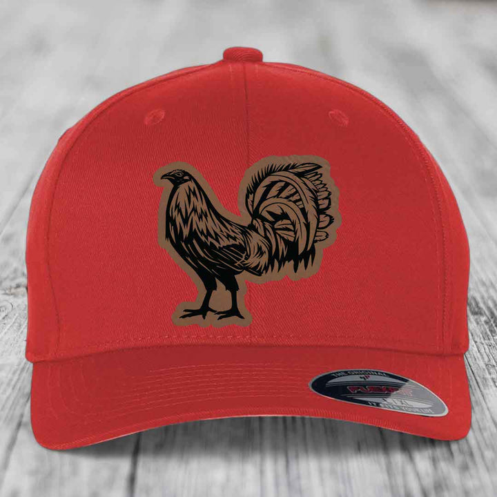 Rooster - Leather Patch Hat - Dark Brown to Black Patch - Flexfit 6277 Fitted Hat