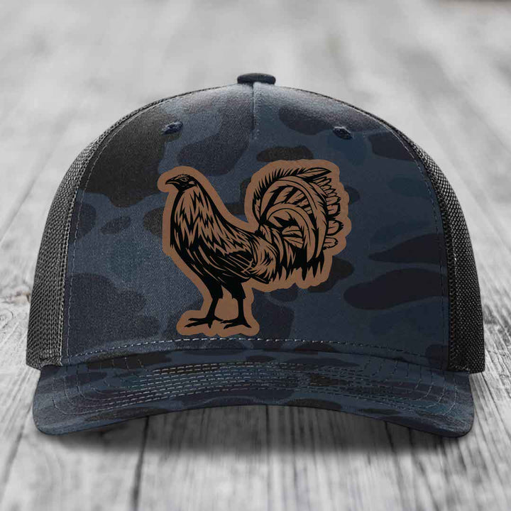 Rooster - Leather Patch Hat - Dark Brown to Black Patch - Richardson 112PFP Snapback Trucker Hat