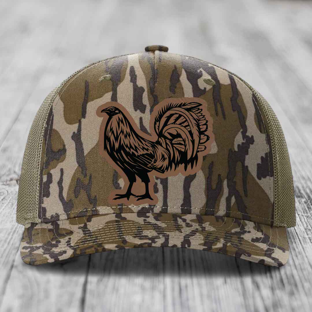 Rooster - Leather Patch Hat - Dark Brown to Black Patch - Richardson 112PFP Snapback Trucker Hat
