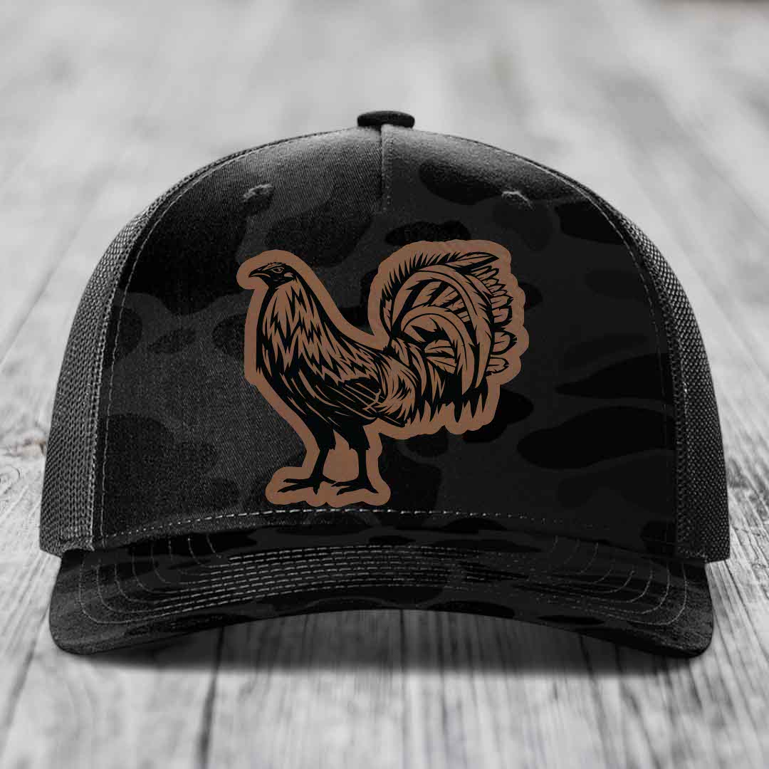 Rooster - Leather Patch Hat - Dark Brown to Black Patch - Richardson 112PFP Snapback Trucker Hat