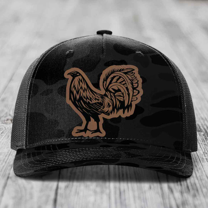 Rooster - Leather Patch Hat - Dark Brown to Black Patch - Richardson 112PFP Snapback Trucker Hat