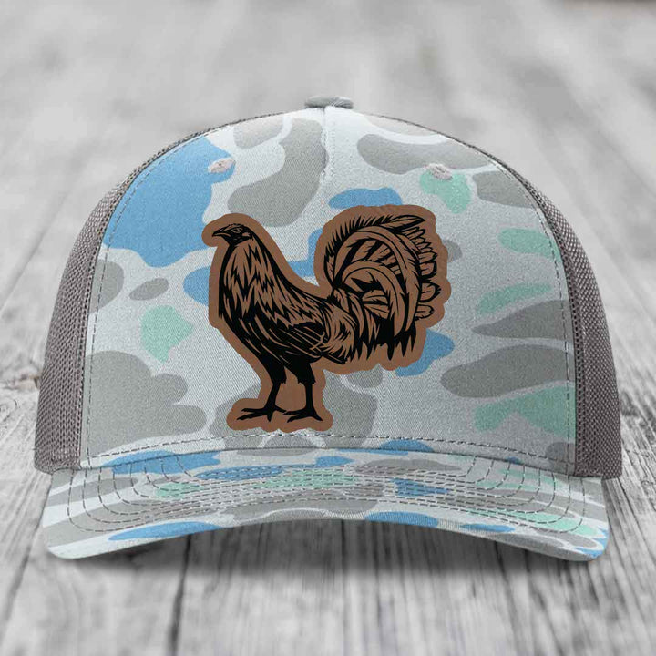 Rooster - Leather Patch Hat - Dark Brown to Black Patch - Richardson 112PFP Snapback Trucker Hat