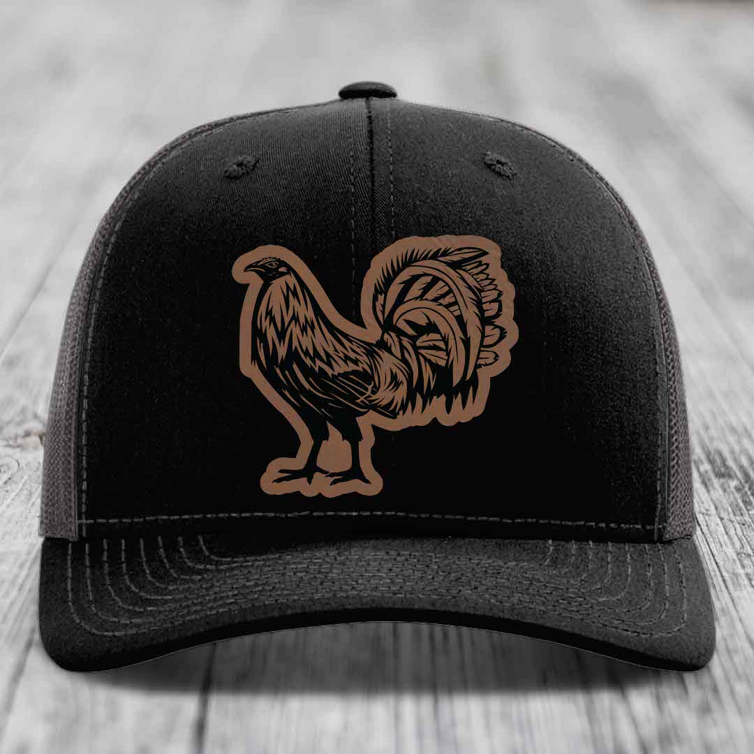 Rooster - Leather Patch Hat - Dark Brown to Black Patch - Richardson 112 Snapback Trucker Hat