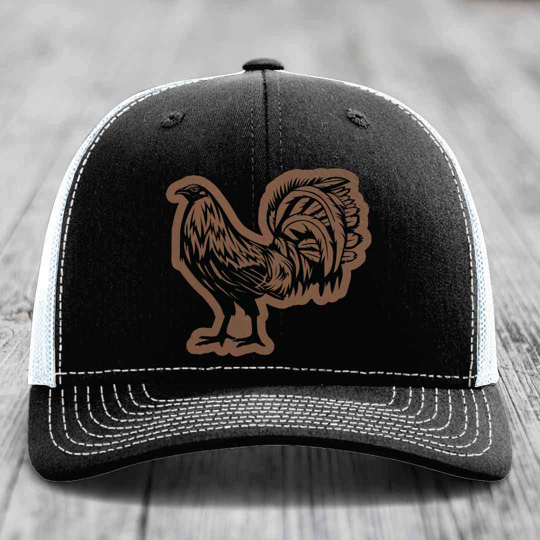 Rooster - Leather Patch Hat - Dark Brown to Black Patch - Richardson 112 Snapback Trucker Hat
