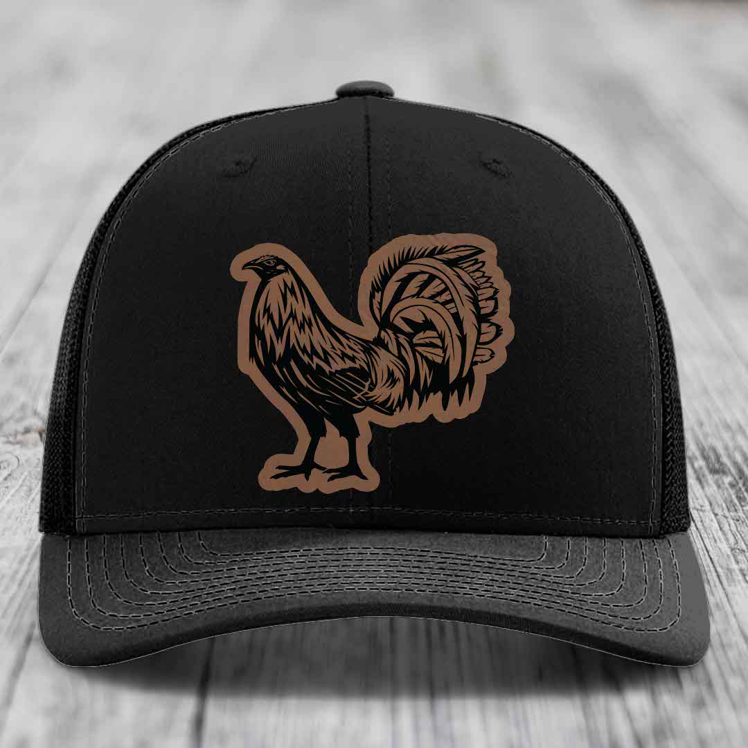Rooster - Leather Patch Hat - Dark Brown to Black Patch - Richardson 112 Snapback Trucker Hat