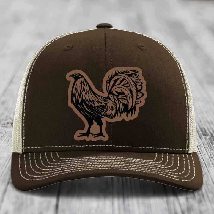 Rooster - Leather Patch Hat - Dark Brown to Black Patch - Richardson 112 Snapback Trucker Hat