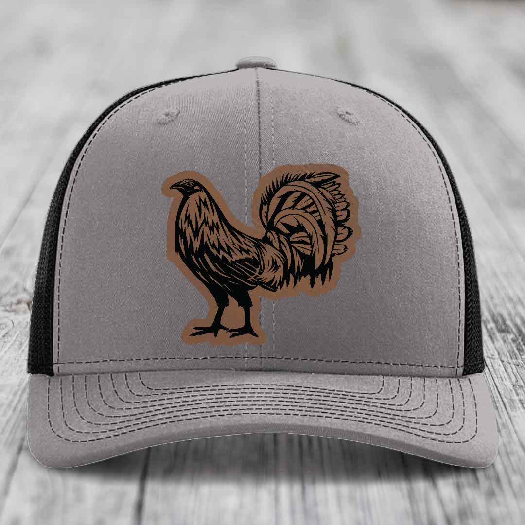 Rooster - Leather Patch Hat - Dark Brown to Black Patch - Richardson 112 Snapback Trucker Hat