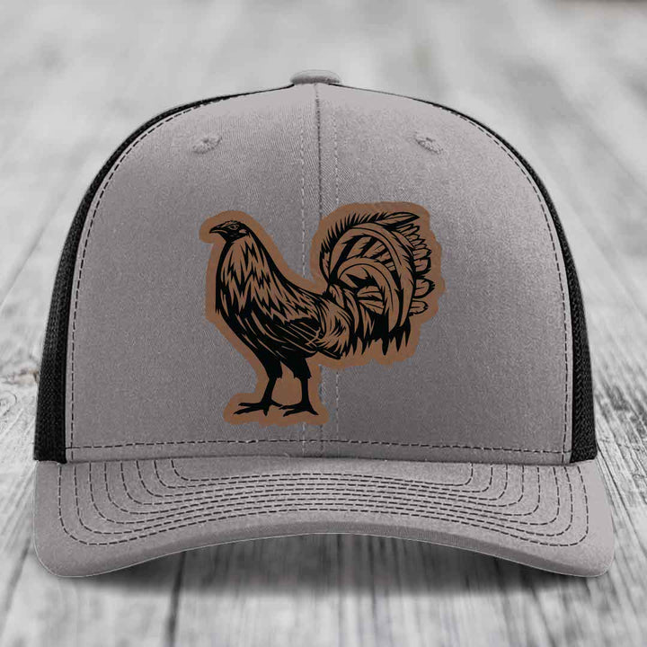 Rooster - Leather Patch Hat - Dark Brown to Black Patch - Richardson 112 Snapback Trucker Hat