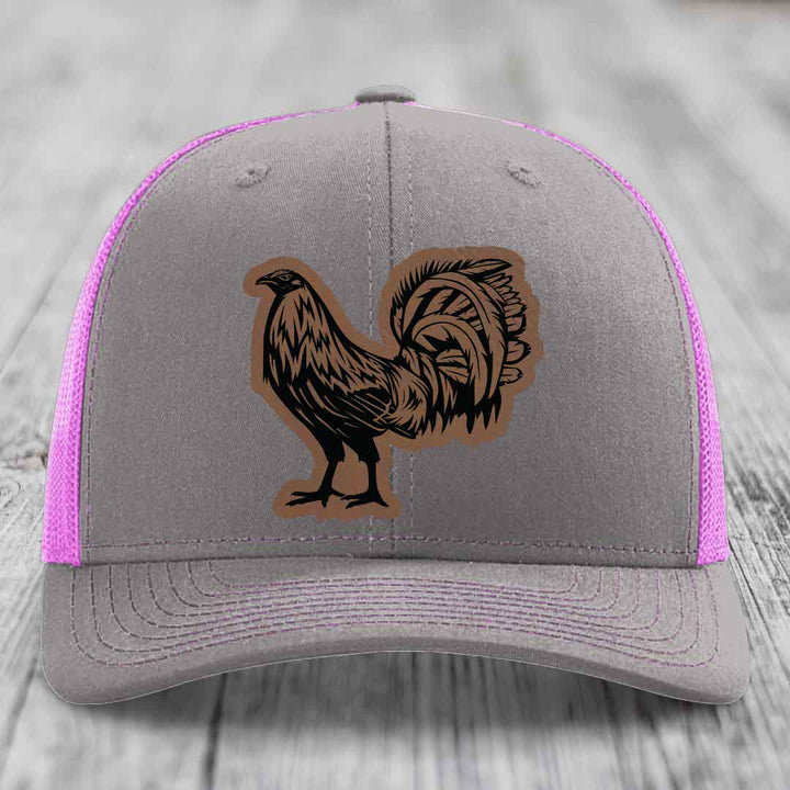 Rooster - Leather Patch Hat - Dark Brown to Black Patch - Richardson 112 Snapback Trucker Hat