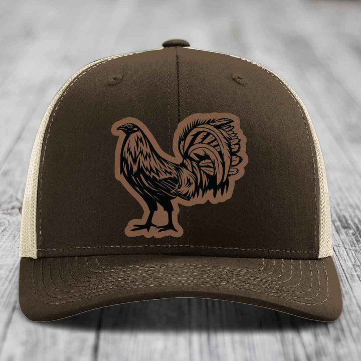 Rooster - Leather Patch Hat - Dark Brown to Black Patch - Richardson 112 Snapback Trucker Hat