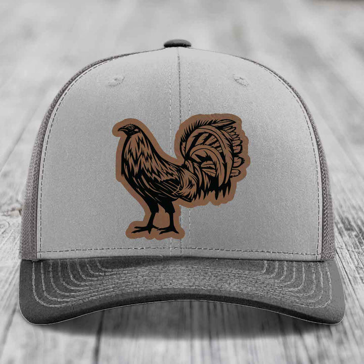 Rooster - Leather Patch Hat - Dark Brown to Black Patch - Richardson 112 Snapback Trucker Hat