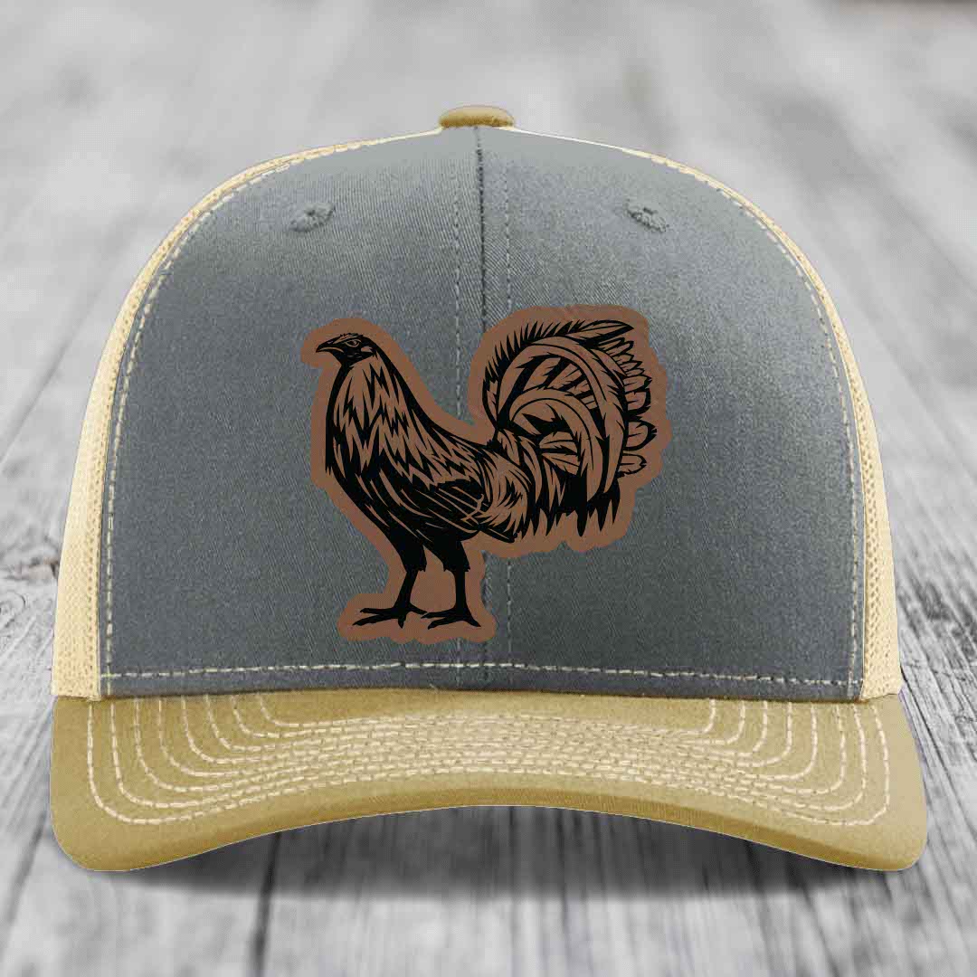 Rooster - Leather Patch Hat - Dark Brown to Black Patch - Richardson 112 Snapback Trucker Hat