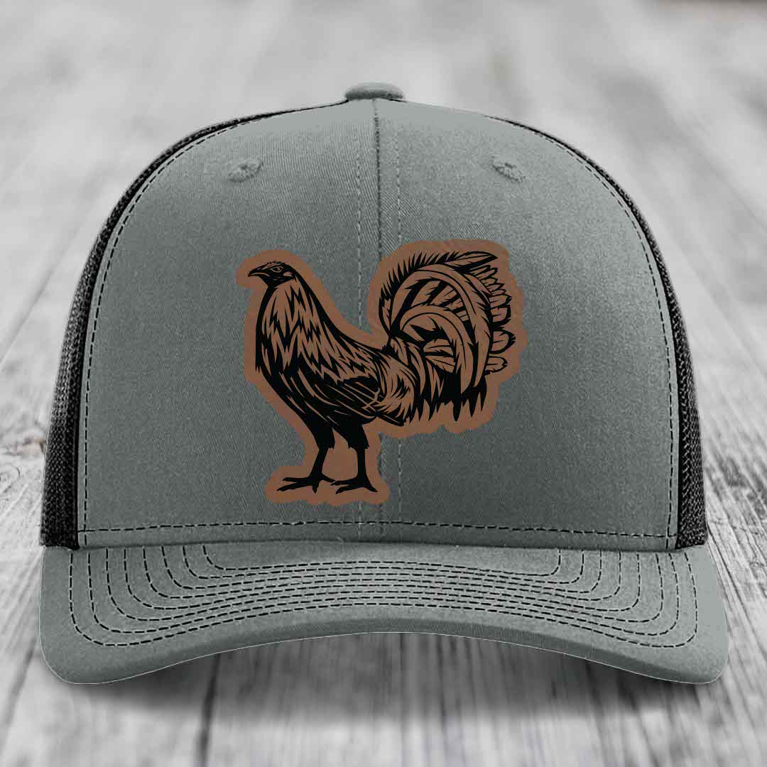 Rooster - Leather Patch Hat - Dark Brown to Black Patch - Richardson 112 Snapback Trucker Hat
