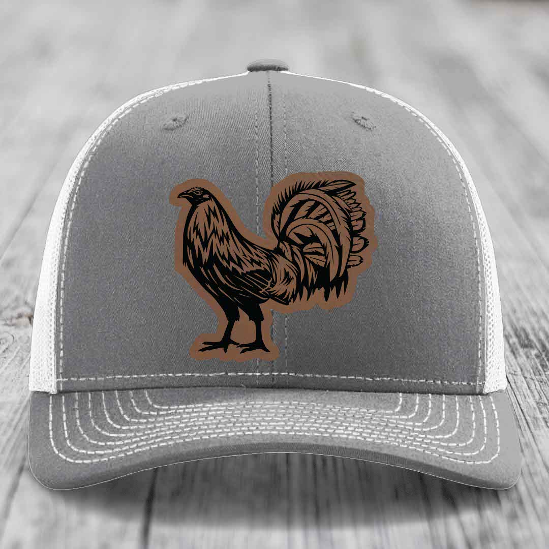 Rooster - Leather Patch Hat - Dark Brown to Black Patch - Richardson 112 Snapback Trucker Hat