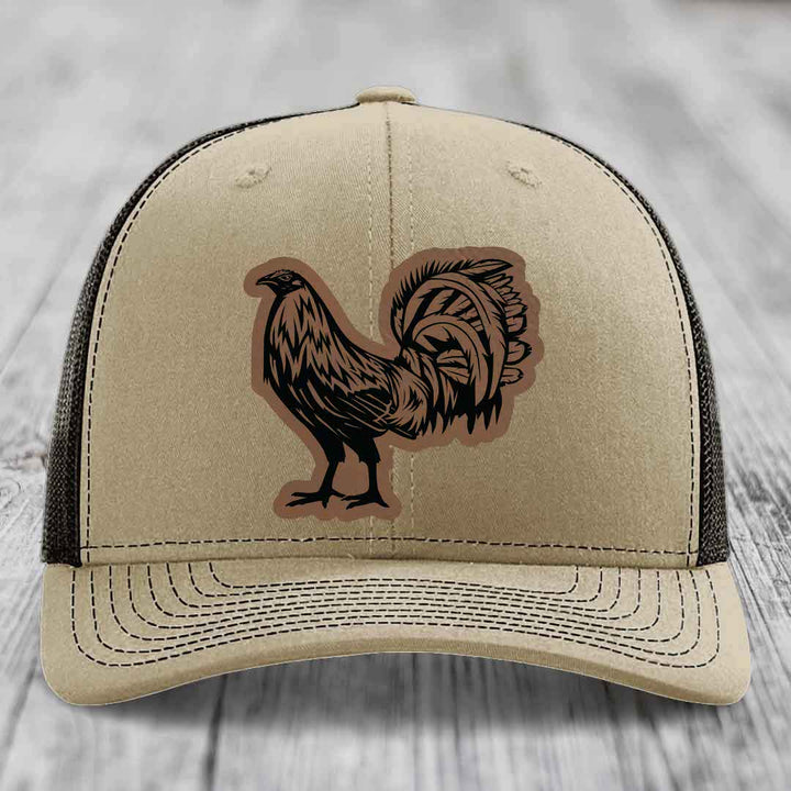 Rooster - Leather Patch Hat - Dark Brown to Black Patch - Richardson 112 Snapback Trucker Hat