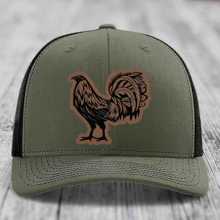 Rooster - Leather Patch Hat - Dark Brown to Black Patch - Richardson 112 Snapback Trucker Hat