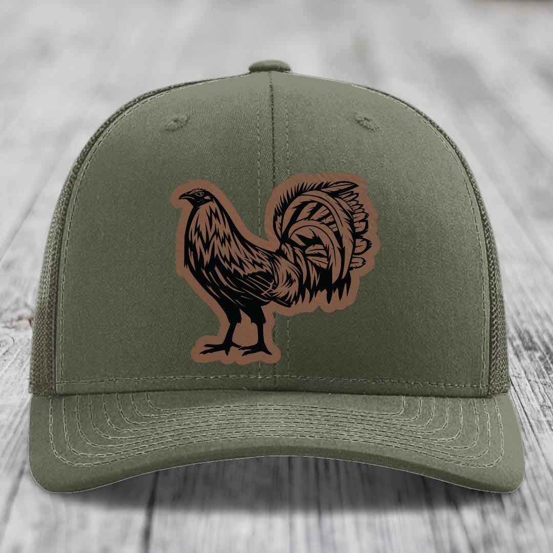 Rooster - Leather Patch Hat - Dark Brown to Black Patch - Richardson 112 Snapback Trucker Hat