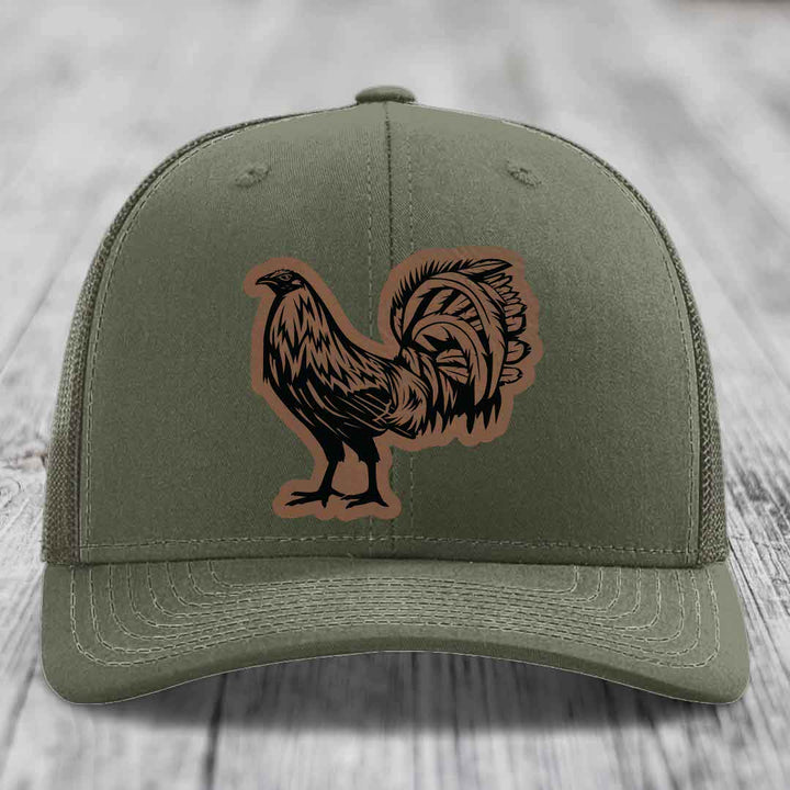 Rooster - Leather Patch Hat - Dark Brown to Black Patch - Richardson 112 Snapback Trucker Hat