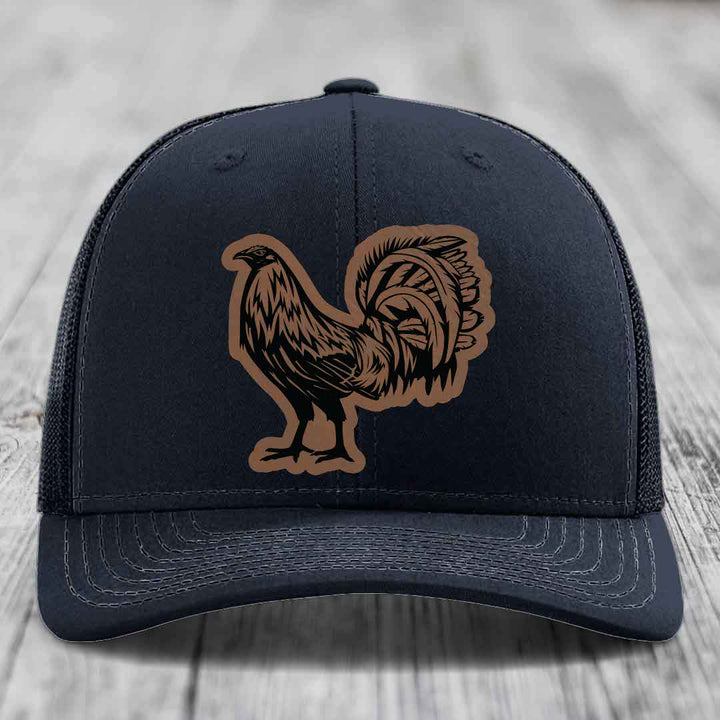 Rooster - Leather Patch Hat - Dark Brown to Black Patch - Richardson 112 Snapback Trucker Hat