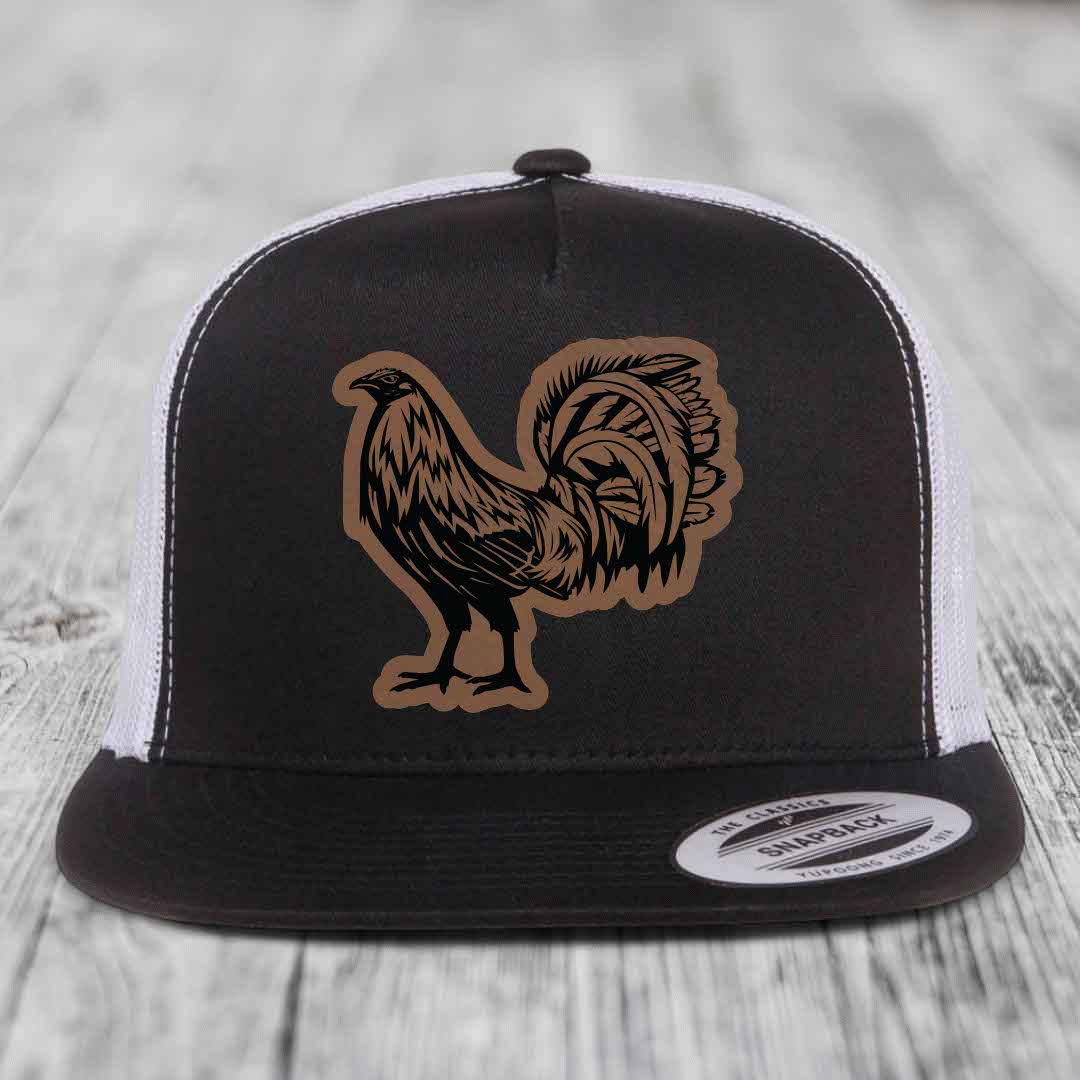 Rooster - Leather Patch Hat - Dark Brown to Black Patch - Yupoong 6006 Snapback Flatbill Hat