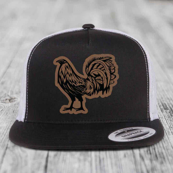 Rooster - Leather Patch Hat - Dark Brown to Black Patch - Yupoong 6006 Snapback Flatbill Hat