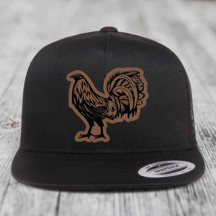 Rooster - Leather Patch Hat - Dark Brown to Black Patch - Yupoong 6006 Snapback Flatbill Hat